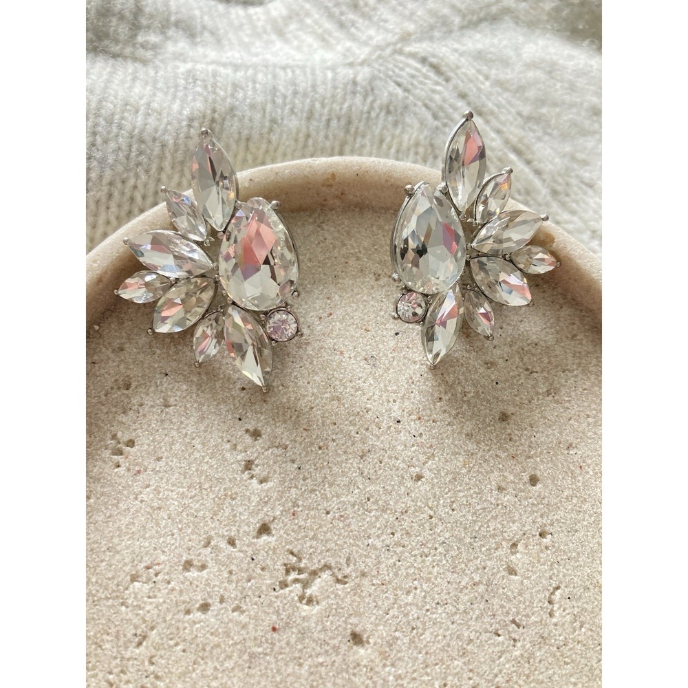 Silver Tone Clear Rhinestone Clip On Earrings Floral Leaf Statement Bold Glam